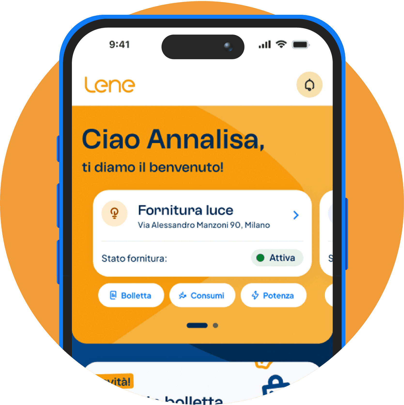 Schermata dell’app Lene con la fornitura attiva